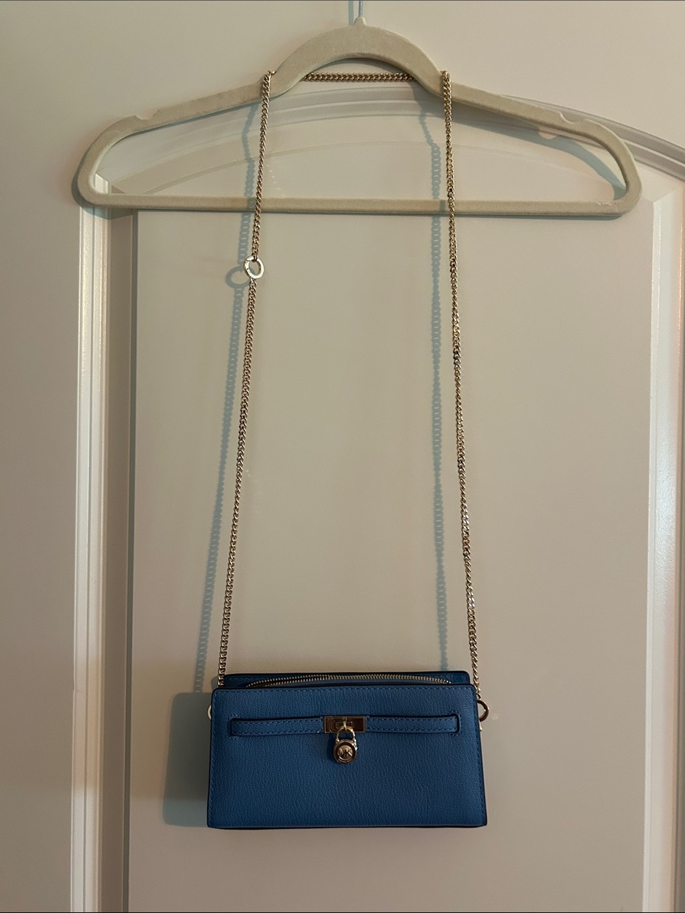 Michael Kors Blue Leather Crossbody with Gold Chain Strap